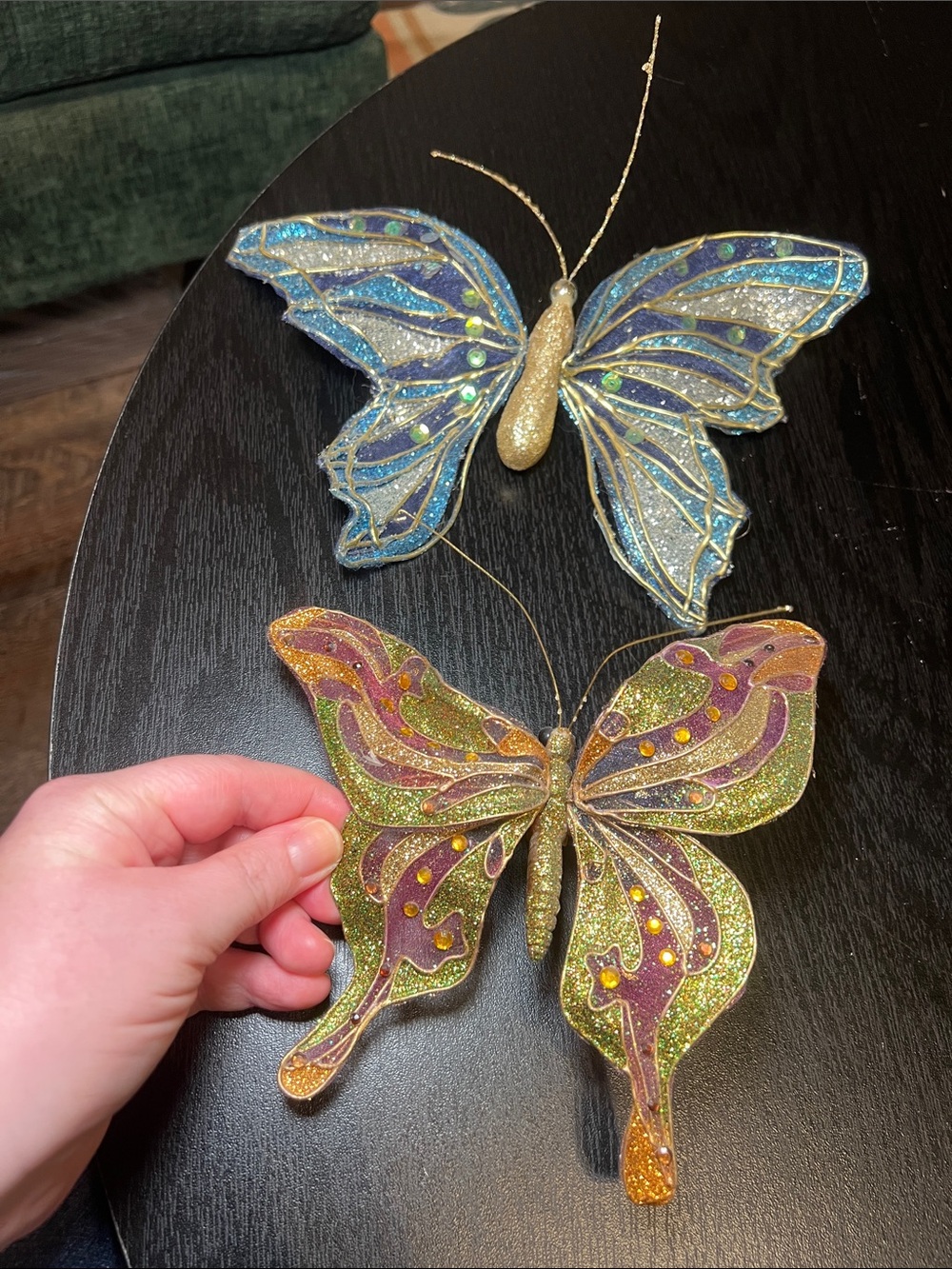 2 Vintage Sparkly Whimsical Glitter Butterfly Clip Ornaments - Blue & Multicolor
